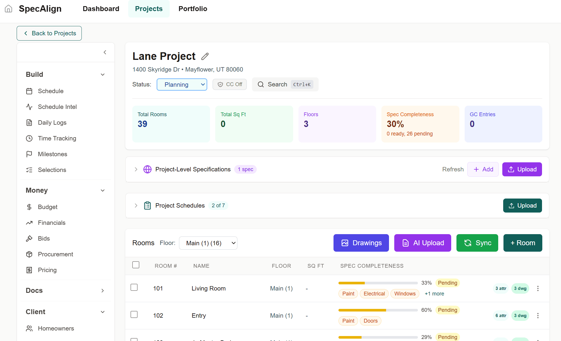 SpecAlign interface showing consolidated specifications organized by room and trade